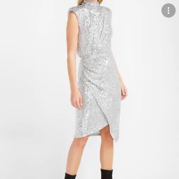 Express! Sequin Asymmetrical Mock Neck Dress Silver Grey in Size: M. - Picture 2 of 6